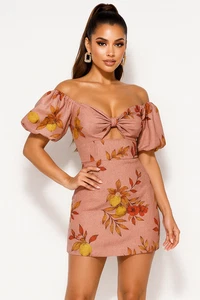 Sheike Layla Pink Floral Lemon Print Puff Sleeve Mini Dress Size 8 Off Shoulder - Picture 1 of 5