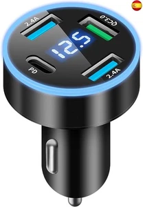  Cargador Móvil Coche 4 Puertos, 50W QC3.0 &amp; PD USB Carga Rápida Con V  - Imagen 1 de 7