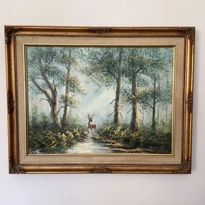 Vintage Oil On Canvas D Richter Stag Deer Forest Water Trees Gold Frame - Picture 1 of 24