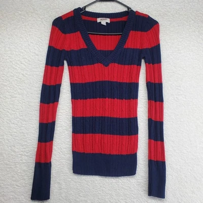 Vintage Women's Y2K Striped Sweater Small Navy Red Deep V-Neck Cable Knit Preppy - Image 1 of 4