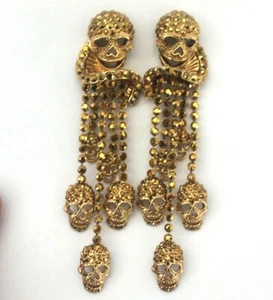 Butler and Wilson Small Gold Crystal Skull Swirl Tassell Earrings New - Picture 1 of 1