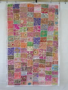 Beautiful Indian Multicolour Sari Patchwork Wall Hanging White Border 40x60 Inch - Picture 1 of 4