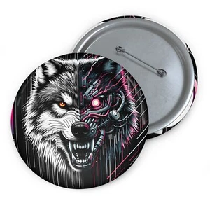 Custom Pin Button Badge Cynical Cyber Wolf Noir Art Y2K Aesthetic AOP Vicious - Picture 1 of 3