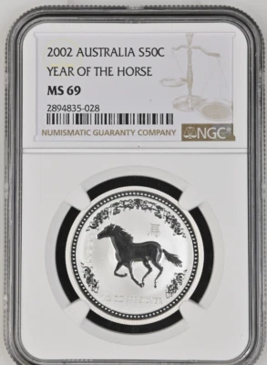 50 CENTS 2002 AUSTRALIA YEAR OF THE HORSE SILVER PROOF NGC MS69 - Image 1 of 4