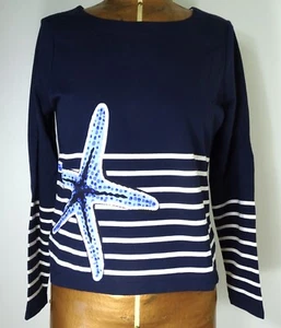 Crown & Ivy Womens Top Size Medium Beaded Starfish Shirt Striped Blue White NWT - Picture 1 of 7