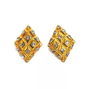 CHANEL Vintage Rhombus Matelasse Stone Earrings Clear x Gold Ladies - Picture 1 of 8