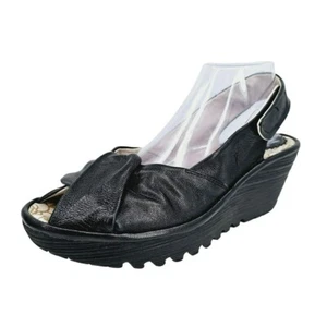 Sandalias de cuña Fly London Yakin con correa al tobillo 41 10 cuero negro punta abierta cómodas - Imagen 1 de 13