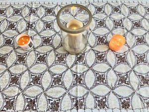 AGHABANI EMBROIDERED TABLECLOTH Gold & Brown Silk on Beige 135 x 67” Approx. - Picture 1 of 8