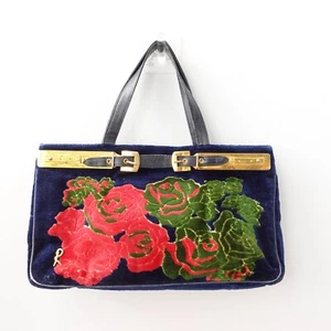 1970s VINTAGE Roberta Di Camerino Bag Flower Navy Devore Gold Belt Bagonghi RARE - Picture 1 of 23