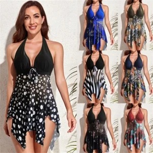 V-Neck Bathing Suits 2 Pieces Swimsuit Floral Print Tankini Swimdress for Women - Picture 1 of 50