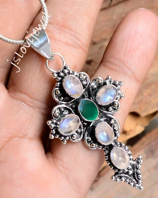 Rainbow Moonstone & Green Onyx Gemstone 925 Sterling Silver Cross Jesus Pendant - Image 1 of 4