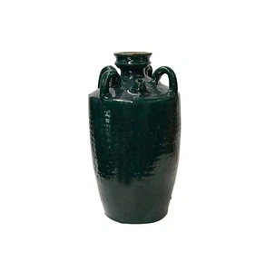 Vintage Dark Green Glaze Slim Round Jar Shape Pottery Ceramic Pot Vase JK221 - Picture 1 of 5
