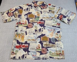 REYN SPOONER Vintage LAFD Los Angeles Fire Dept Hawaiian Shirt Navy Blue Small - Picture 1 of 8