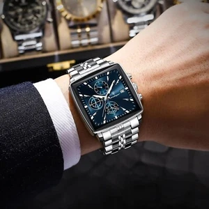 POEDAGAR Square Stainless Steel Quartz Men's Watches+Box - Picture 1 of 16