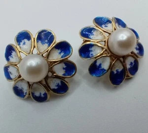 Vintage Estate 14K Yellow Gold Enamel & Pearl Flower Clip On Earrings 7.2 g - Picture 1 of 5