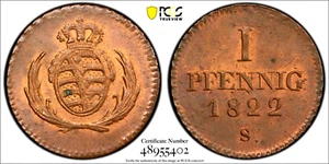 1822 S German States Saxony 1 Pfennig, PCGS MS 63 RB, KM-1070, Germany - Picture 1 of 2