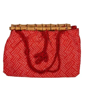 Bolso japonés Kinchaku de colección con cordón de bambú y rayón rojo Chirimen Shibori - Imagen 1 de 7