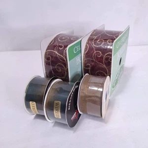 5 Wired Ribbon 1.5in & 2.5in total 46yds Burgundy Gold Swirl Metallic Xmas Gift - Picture 1 of 8