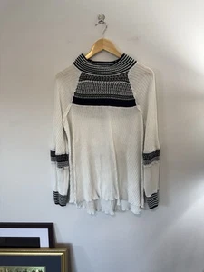Free People Snow Day Tunic Top Balloon Sleeve Knit Thermal Shirt White/Black, L - Picture 1 of 7