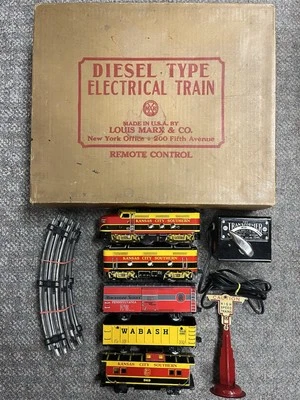 + Juego de 3 vagones de carga locomotora diésel Marx O Tin Kansas City Southern A&B con caja Foto 1 de 4