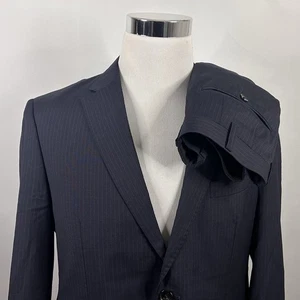 Traje 42R a medida 36x29 plisado Tollegno 1900 lana azul marino a rayas dos botones - Imagen 1 de 11