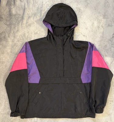 Chaqueta cortavientos Forever 21 Anorak negra púrpura rosa bloques de colores con capucha talla S Foto 1 de 4