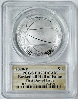 2020 P Basketball Hall of Fame Silver Coin $1 PCGS PR70DCAM FDOI HOF Label NBA - Image 1 of 2