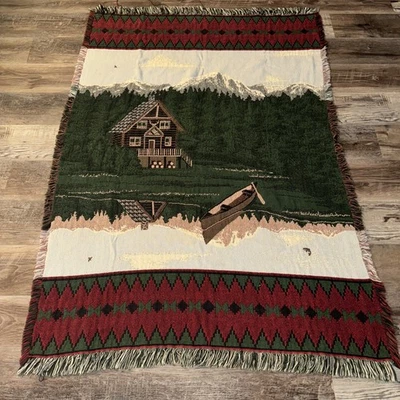 VTG Tapestry Mountain Village Folk Art Woven Fringe Hanging Rug Throw (45) - Image 1 of 3