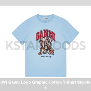 (W) Ganni Logo Graphic Cotton T-Shirt Skyblue - Picture 1 of 1