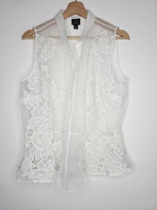 Worthington Womens Top Sheer White Sleeveless Buttons Lace Applique Peplum Large - Picture 1 of 9