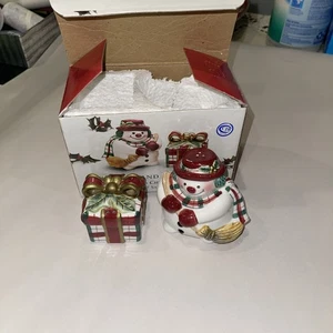Fitz & Floyd Frosty Snowman Geschenkbox kariert Weihnachten Salz Pfeffer 2063/127  - Bild 1 von 6