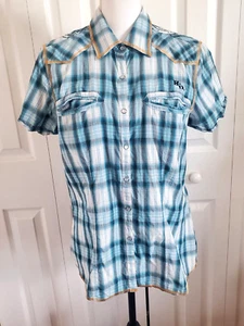 Harley Davidson Lg Shirt Embroidered Pearl Snap Teal Plaid H-D Western 2-Sided - Picture 1 of 14