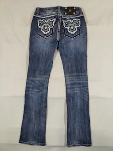 Miss Me Jeans Women's 29 Boot Embellished Horn Skull Pocket Western Cowgirl Blue - Picture 1 of 11