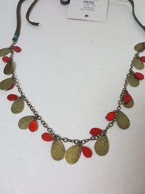 Anthropologie Brown Rope Brass Red bead Turq Charm Tie Necklace NWT $28 - Image 1 of 4