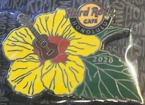 Hard Rock Cafe HONOLULU 2020 Yellow HIBISCUS FLOWER & UKULELE PIN w/Card #643324 - Picture 1 of 2
