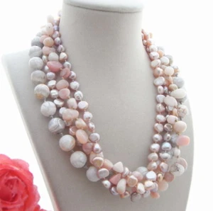 "Collar Perla Púrpura Ópalo Rosa Ágata Blanca 4 Filas Hebras 18" - Imagen 1 de 4