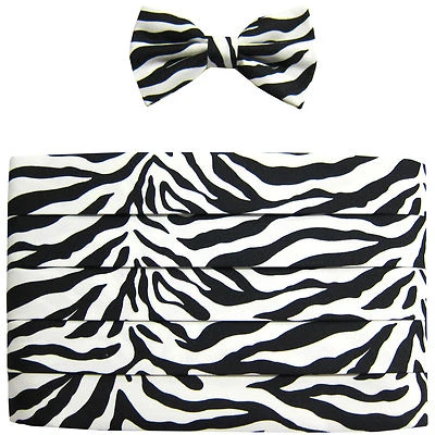 NUEVO Hombre 100% Poliéster Estampado Cebra Faja y Pajarita Conjunto Baile de graduación Negro Blanco Foto 1 de 4