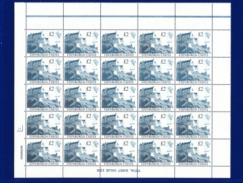 1988 SG1412 £2 Edinburgh Castle UK3 Plate 2R Complete Pane (25) MNH UMM lavc Cover