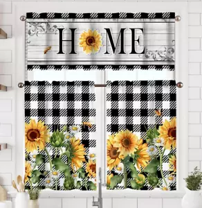 Sunflower Kitchen Curtains Short and Valance Set Black and White Buffalo Plaid F - Picture 1 of 12