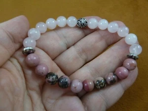 CJ-23 Pink black rhodonite and rose quartz beaded 8" elastic bracelet jewelry - Picture 1 of 1