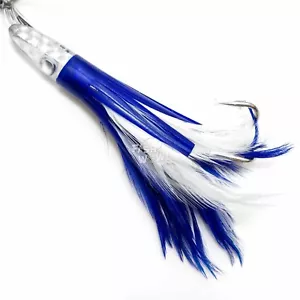 Pescado ¡WOW! Señuelos de 6" cabeza de chorro de pluma de atún aparejada pesca juego grande azul blanco NUEVO - Imagen 1 de 4