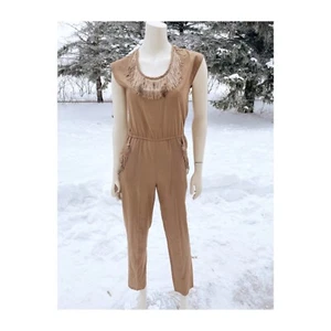 70s Patapouf Creations Jumpsuit Tan Cap Sleeve Fringe Feathers Sz 7 - Picture 1 of 16