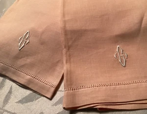 PR 2 - Monogrammierte "G" Initialen Vintage Pfirsich Leinen Handtücher Stickerei Hohlsaum - Bild 1 von 9