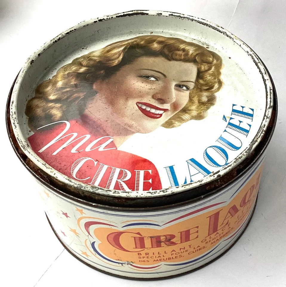 ANCIENNE BOÎTE LITHOGRAPHIÉE FEMME BLONDE VINTAGE 1950 MA CIRE LAQUE PIN UP - Photo 1/4