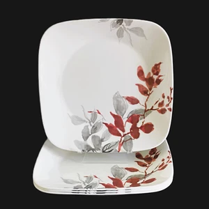 Corelle Luncheon / Salad Plates, Set Of 4 Square Kyoto Leaves, Red And Gray, 9" - Picture 1 of 4