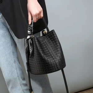 Women's Genuine Leather Bucket Bag Handbag Shoulder Crossbody Bag Black - Picture 1 of 7