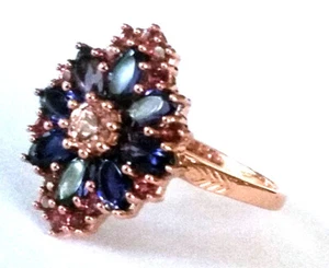R278 Genuine 9ct Rose Gold Natural Iolite & Pink Tourmaline Cluster Ring sz P - Picture 1 of 4