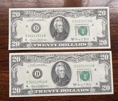 1969 C $20  set of 2 sequential GREEN SEAL UNITED STATES NOTES - AUC - Image 1 of 3
