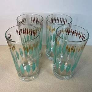 MCM Highball Glasses with Turquoise and Gold Feathers Barware - Set of 4 - Picture 1 of 4