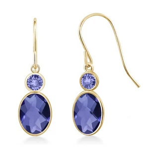 14K Yellow Gold Blue Iolite and Tanzanite Hook French Fish Ear Wire Dangle - Picture 1 of 3